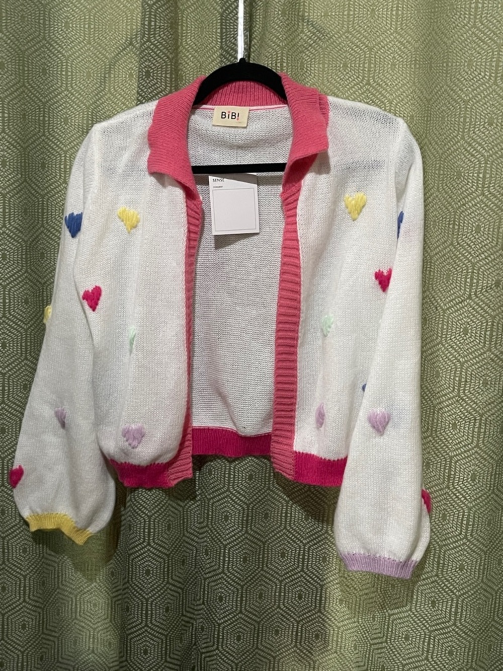 BiBi White Knit Cardigan with Pink Collar and Trim Sample NWT